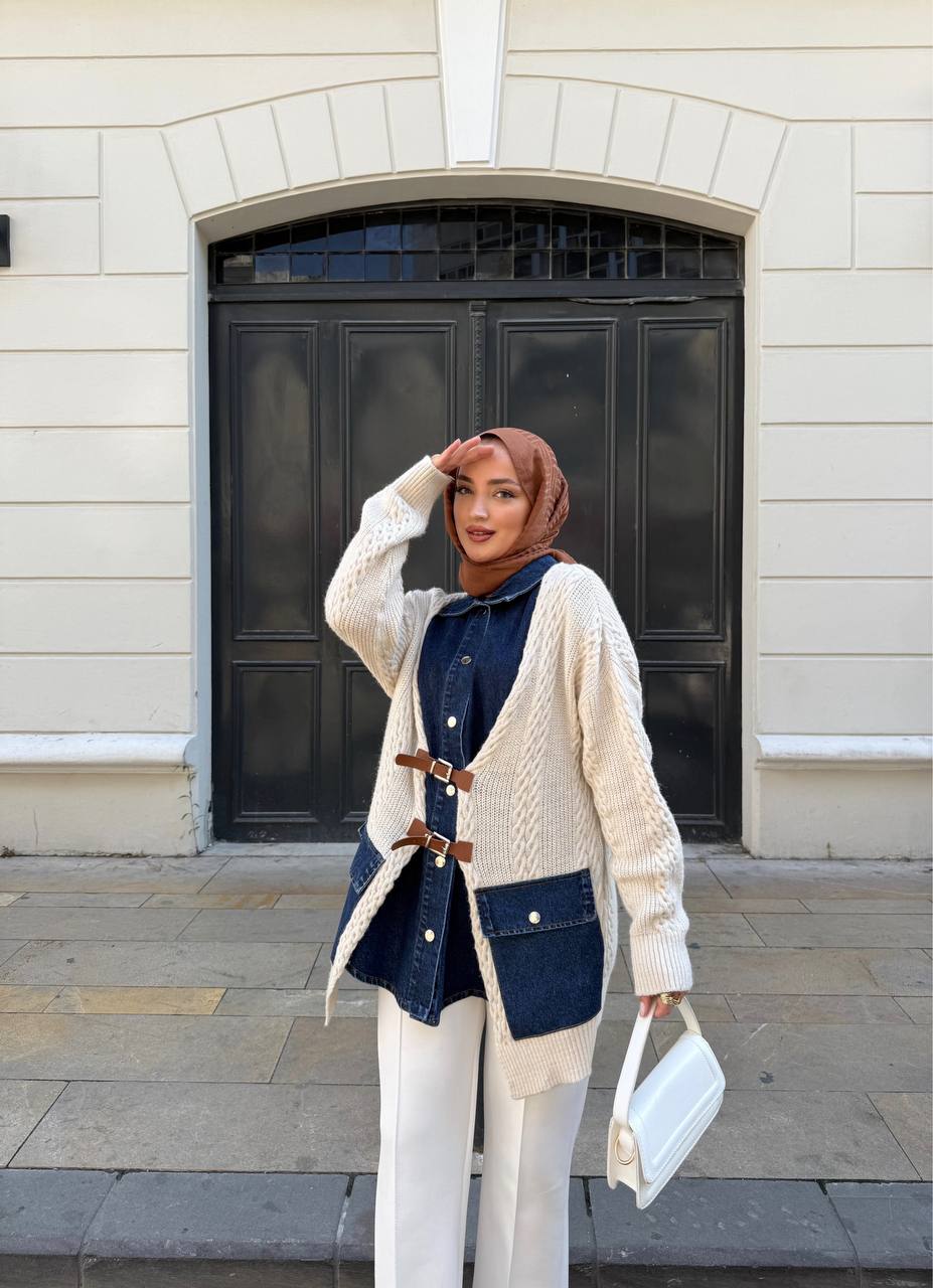 Gömlek yaka kot kombinli triko hırka 